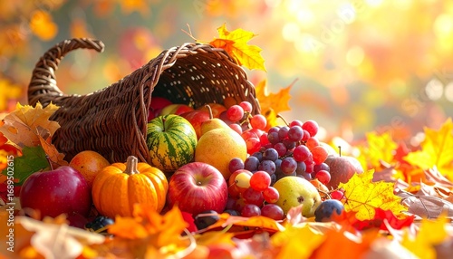 A horn of plenty overflows with colorful fruits among fallen leaves, bathed in golden autumn light—evoking abundance, gratitude, and seasonal warmth.g