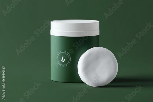 A realistic cotton pad holder mockup with a branded logo on a green background