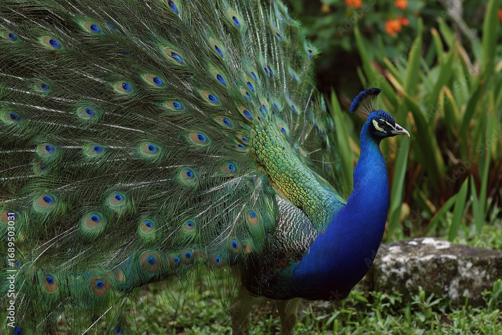 Obraz premium A proud, colorful peacock displays its beautiful blue and green tail feathers in a park