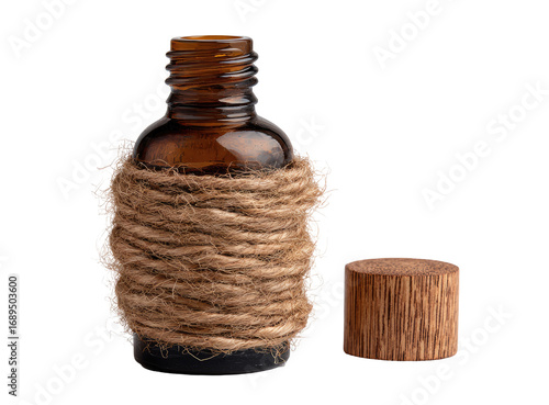 Small amber glass bottle wrapped in light brown twine, with a wooden cap
