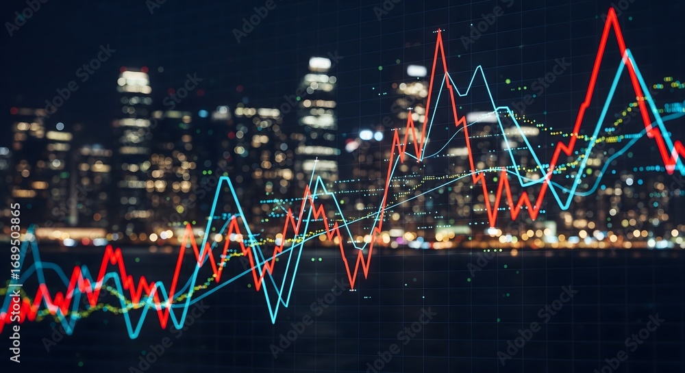 Obraz premium A glowing financial stock market graph overlaid on a modern city skyline at night. Represents global business, investment, trading, and economic analysis.