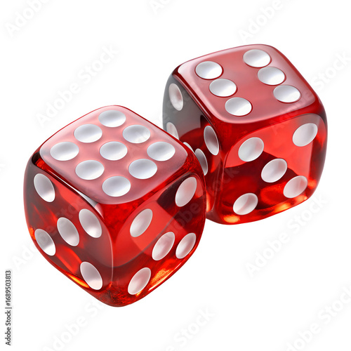 Pair of red transparent dice with white dots isolated on a transparent white background, clipping path