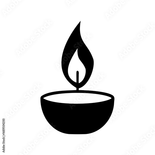 A minimalistic black and white illustration of a diya or oil lamp