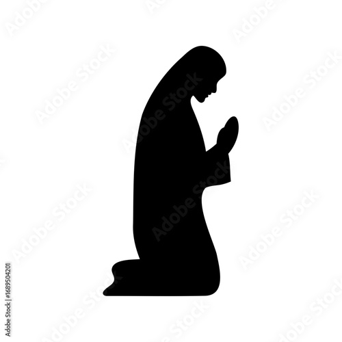 Silhouette of woman kneeling in prayer with head covered in supplication