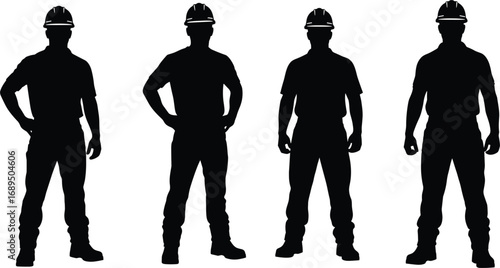 Flat vector illustration of construction workers in hard hats, safety uniform, standing poses, silhouette icons for industry, labor, and workforce design.