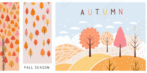 Charming autumn landscape and tree patterns with falling leaves and gentle hills