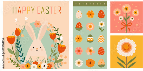 Happy easter greeting card with cute bunny surrounded by flowers and decorative easter eggs and floral arrangements