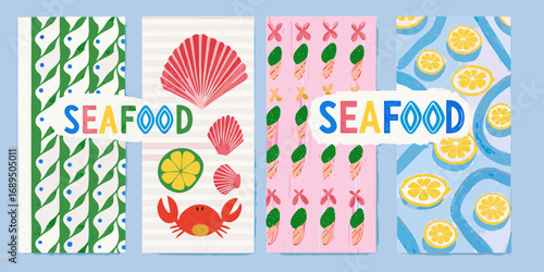 Colorful abstract illustrations of seafood and citrus fruits with the word seafood repeated