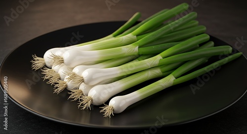 Fresh spring onions elegantly arranged on a black plate, showcasing vibrant colors and textures