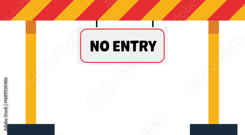 A barrier with red and yellow stripes hangs a sign that reads 
