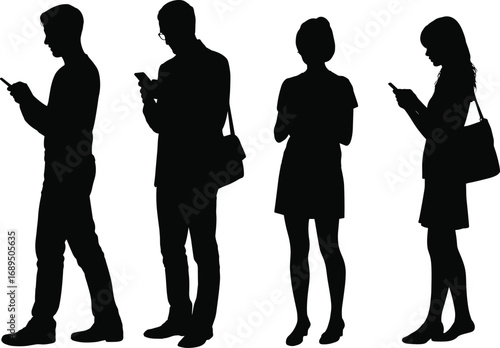 Group of people using smartphones, standing, digital communication, social media interaction, technology use, modern lifestyle, diverse individuals, flat vector illustration