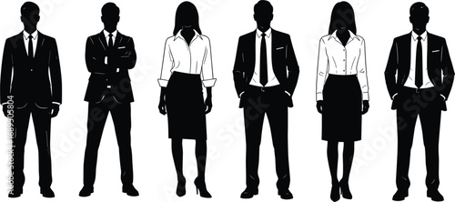 Group of professional business people standing confidently, formal attire, men and women, diverse team, corporate staff, business team, flat vector illustration