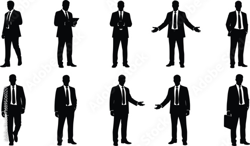 Silhouettes of professional businessmen in various poses, formal suits, business communication, confident posture, corporate culture, teamwork, flat vector illustration