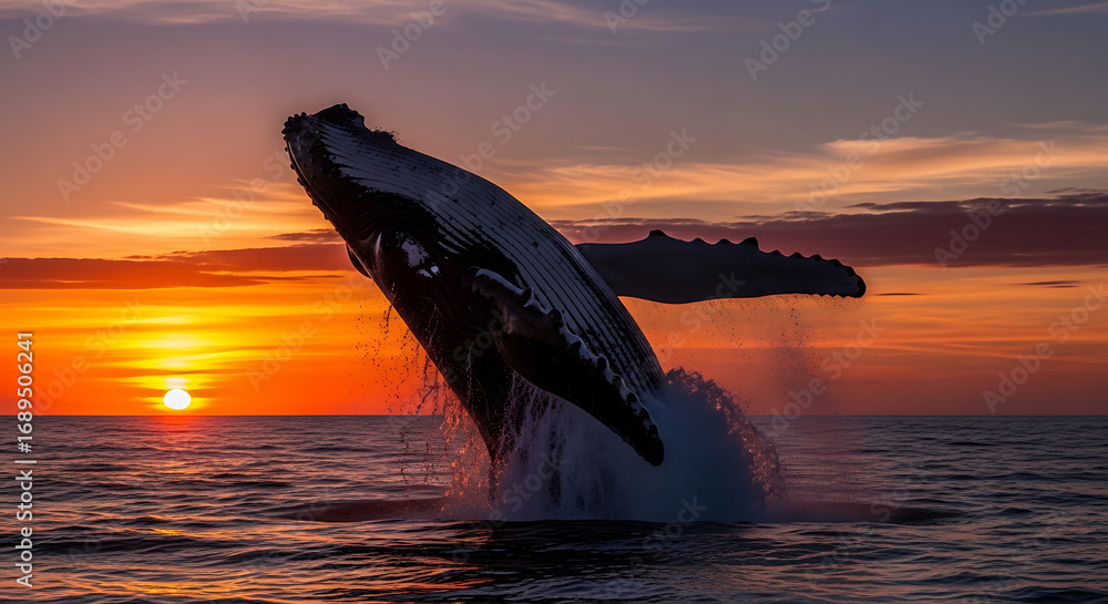 Fototapeta premium Majestic Humpback Whale Breaching Out of Ocean Water at Sunset.