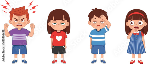 Children showing emotions, cartoon expressions, anger, sadness, worry, surprise, emotional diversity, educational illustration, facial reaction, psychological concept, kids feelings