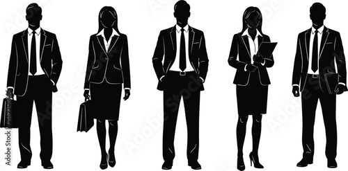Group of five professional business people, men and women, in formal suits holding briefcases and documents, confident posture, flat vector illustration
