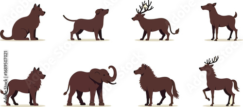 Collection of eight brown animal silhouettes: dog, deer, elephant, lion.