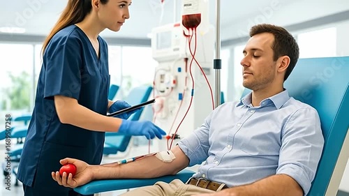 Nurse Monitoring Male Patient During Intravenous Medical Treatment in Modern Clinic