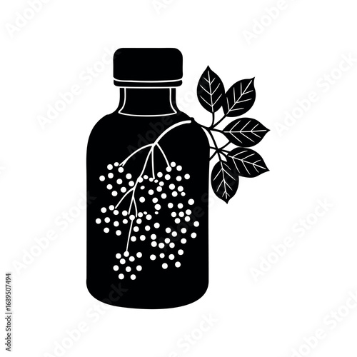 Silhouette of a bottle with berries and leaves representing natural remedies