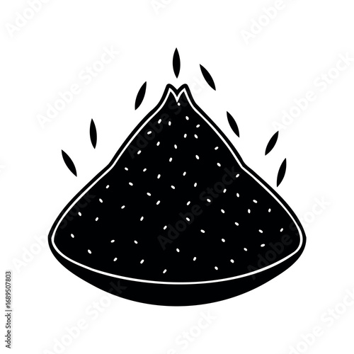 Stylized black and white volcano with surrounding rock shards illustration