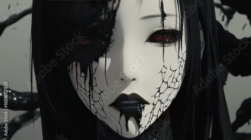 Digital art of a mysterious female figure with a cracked, painted face.  Dark, flowing hair and intense eyes