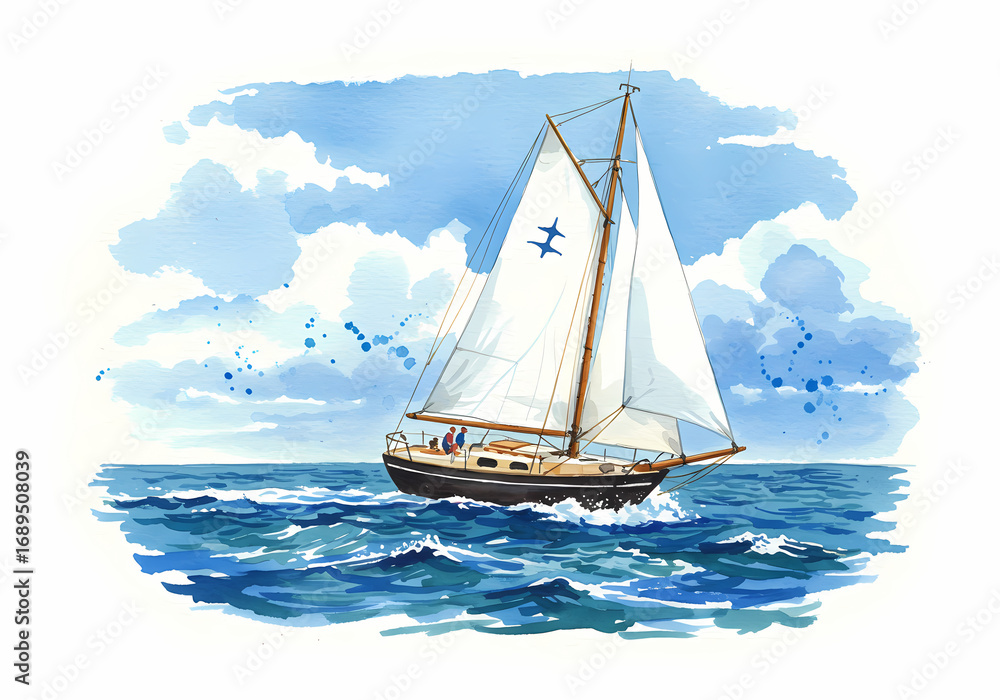 Fototapeta premium Sailboat Watercolor Painting: Serenity at Sea
