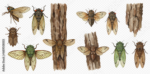 A collection of detailed watercolor illustrations of cicada insects in various poses and colors, some on tree bark.