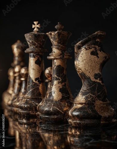 Ornate, dark chess pieces, adorned with gold designs, stand in a strategic formation.