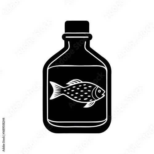 Illustration of a bottle containing a fish, potentially fish oil supplement