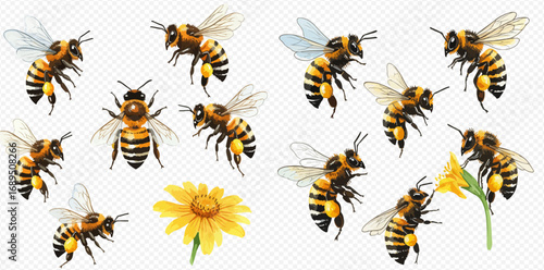 A collection of detailed honeybee illustrations in various flight poses, with one pollinating a yellow flower, isolated on a transparent background.