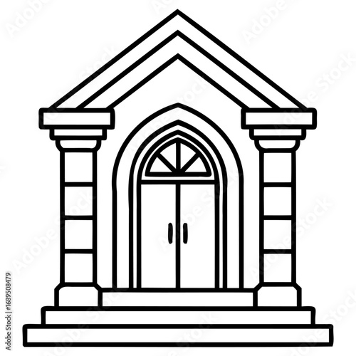 Gothic mausoleum entrance with arched doorway and ornate stonework