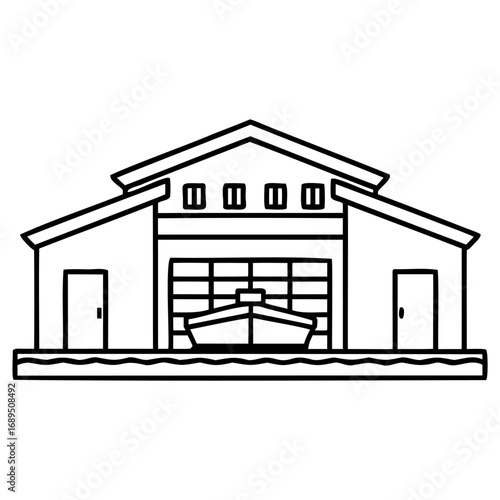 Simple black and white line drawing of industrial warehouse with large door