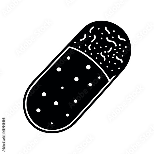Black silhouette drawing of a pill capsule with different texture fillings