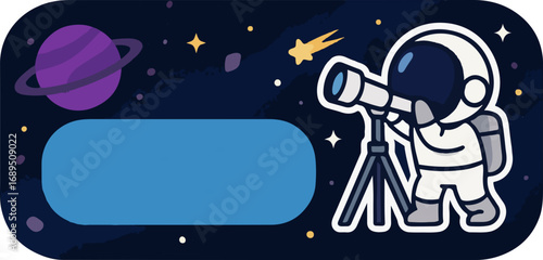 Cartoon astronaut looking through a telescope at stars and a purple planet in outer space, with a blank label for text.