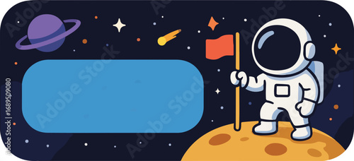 An astronaut stands on a moon, holding a flag, with a blue rectangle for text, and a planet in the background.