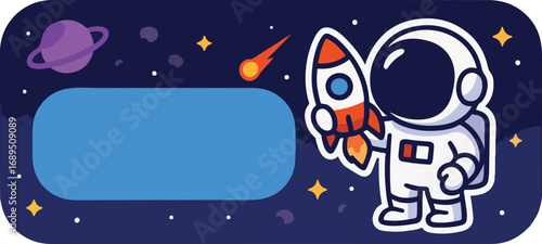 Cute cartoon astronaut holding a rocket in outer space with planets and stars.