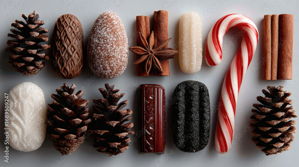 Obraz premium Holiday flat lay with pine cones cinnamon sticks candy canes and xmas decor on white background