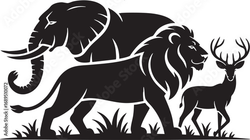 Wildlife Silhouette Illustration Featuring Lion Elephant Deer