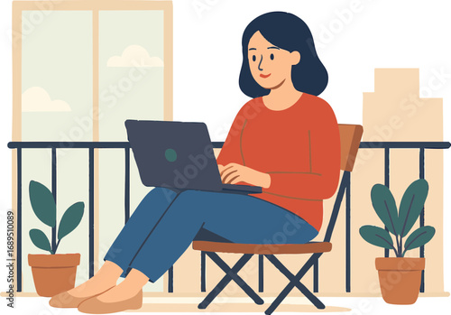 woman working on laptop, woman working on laptop in balcony, work from home