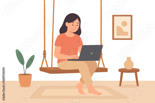 young woman working on laptop, young woman working on computer, woman working on laptop, young woman sitting on a traditional wooden swing (jhula) indoors, comfortably working on a laptop