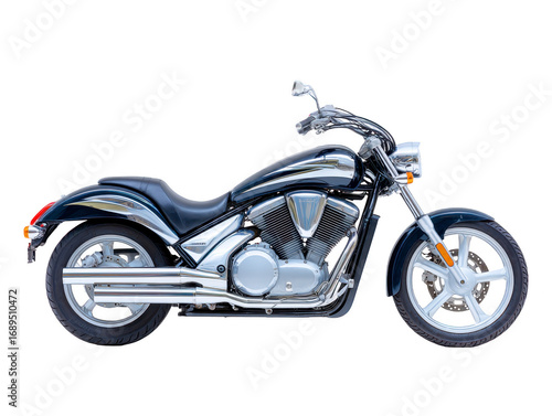 Black motorcycle chrome cruiser two wheeler transportation vehicle metal shiny modern isolated Sleek black cruiser motorcycle with chrome accents modern design and shiny metal parts isolated