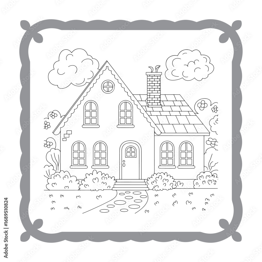 Fototapeta premium Charming House Coloring Page Delightful Outlines for Creative Fun Awaiting Artistic Expression with Clouds, Bushes and a Cute Path