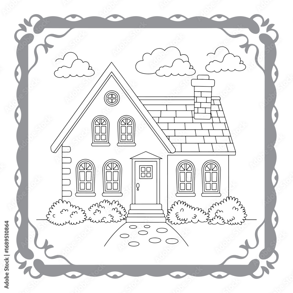 Fototapeta premium Charming House Coloring Page with Lush Garden and Whimsical Clouds Awaiting Creative Color Application for Relaxation