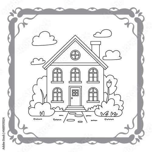 Charming House Coloring Page with Lush Garden and Whimsical Clouds Awaiting Creative Color Application for Relaxation