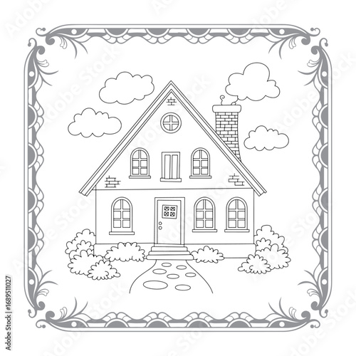 Charming House Coloring Page Framed with Playful Clouds and Decorative Border for Creative Fun and Relaxation Activities