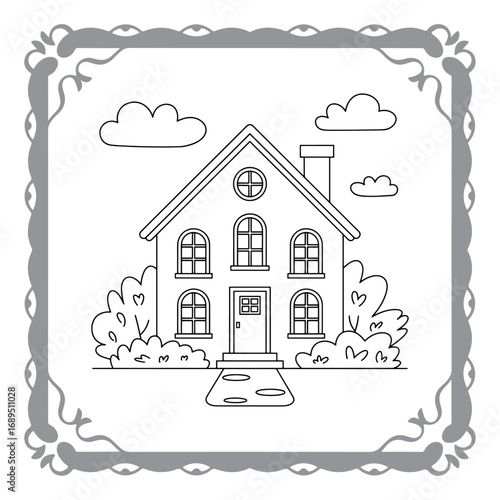 Charming House Coloring Page Framed with Playful Clouds and Decorative Border for Creative Fun and Relaxation Activities