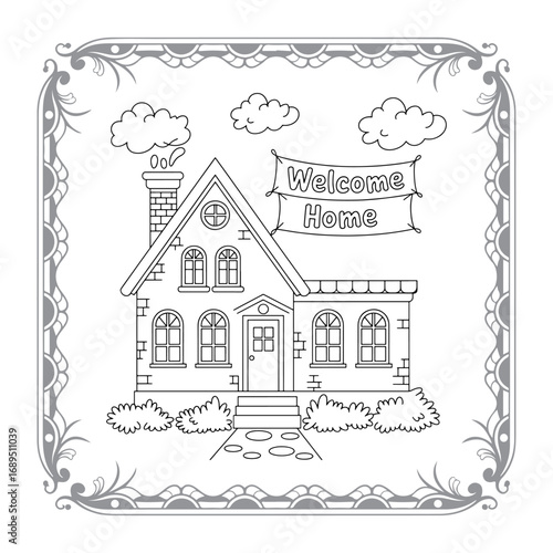 Charming House Coloring Page Framed with Playful Clouds and Decorative Border for Creative Fun and Relaxation Activities