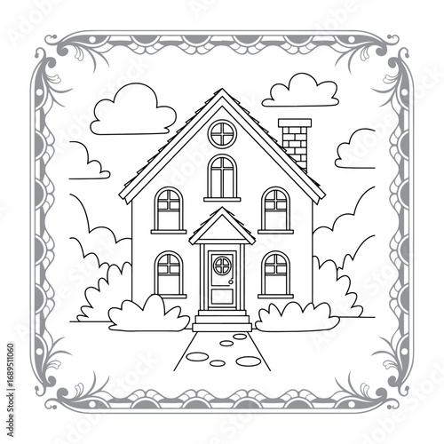 Charming House Coloring Page Framed with Playful Clouds and Decorative Border for Creative Fun and Relaxation Activities
