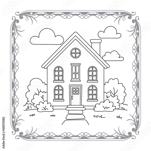 Charming House Coloring Page Framed with Playful Clouds and Decorative Border for Creative Fun and Relaxation Activities