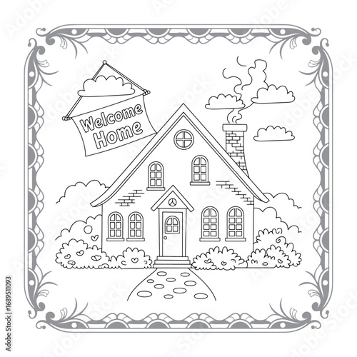 Charming House Coloring Page Framed with Playful Clouds and Decorative Border for Creative Fun and Relaxation Activities